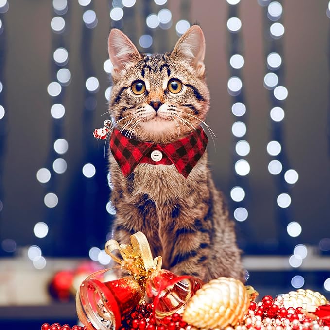 ADOGGYGO Christmas Cat Collars Breakaway with Bow Tie Bell, 2 Pack Red Green Plaid Xmas Kitten Collar with Removable Shirt Collar, Plaid Christmas Collars for Cats Kittens