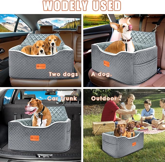 Memory Foam Booster Dog Car Seat for Medium Dogs Under 45 LBS, Elevated Pet Car Seat with Detachable Washable Cover, Anti-Slip Sturdy Dog Booster Seat with Seat Belt for Back Seat Travel