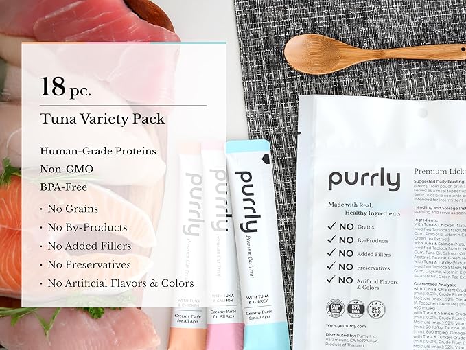 Purrly Cat Treat Snack Wet Lickable Low Calorie Healthy Grain-Free Tuna Variety Packs (18 Count) Squeezable Creamy Purée with Human-Grade Proteins and Functional Nutrients No-Artificial-Additives