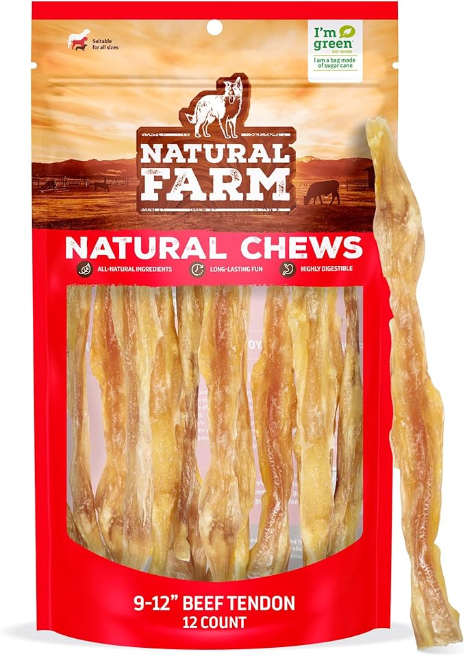 Natural Farm Extra-Thick Beef Tendons (9-12 Inch, 12 Pack), Natural Chondroitin and Collagen: Supports Healthy Joints, Great for Dental Health – Made & Packaged, All Dog Sizes