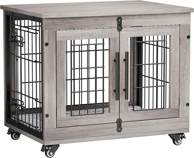 Lulive Small Dog Crate Furniture, Dog Kennel Indoor Double Doors Wooden Dog Cage, 27.1'' Heavy Duty Dog Crate with Cushion & Wheels, Decorative End Table Pet House Chew-Resistant for Small Dogs, Grey