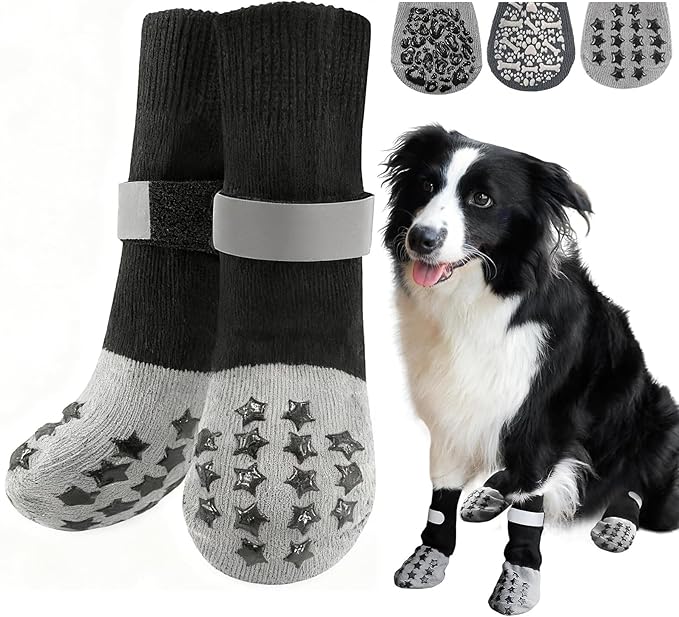 HeavenEye Dog Socks for Hardwood Floors, Anti Slip Dog Paw Protectors Shoes, Maximum Grip Prevent Licking Paws Slipping Hot Cold Pavement Boots for Small Medium Large Senior Dogs(Black Star, XS)