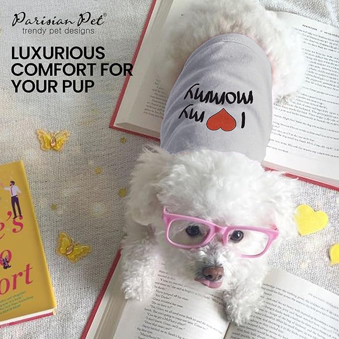 Parisian Pet Unisex Dog T-Shirt with Embroidered 'I Love My Mommy' Words - 100% Cotton, I Love My Mom Shirt - Sleeveless Pet Vest - Grey Dog Shirts for Large Dogs, 2XL