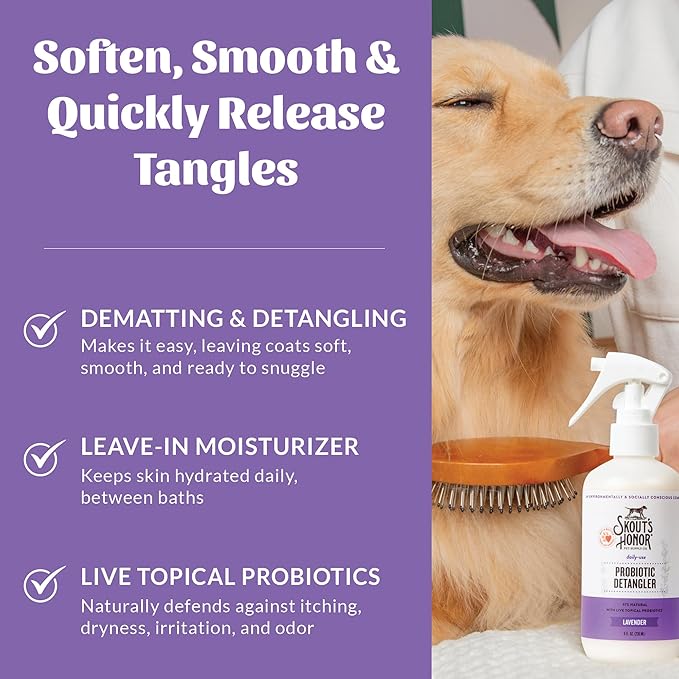 Skout's Honor Probiotic Pet Detangler Spray - Hydrating & Conditioning with Avocado Oil, 97% Natural, Paraben & Sulfate-Free, softens for a More brushable Coat, Daily Use, 8oz, Lavender