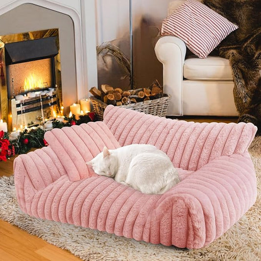 Cute Cat Couch Bed for Indoor Cats, Fluffy Pet Cat Sofa with Premium Soft Corduroy Fleece, Cute Small Dog Beds for Small Dogs, Fuzzy Puppy Chair with Removable Washable Cover (30x20x10,Pink)