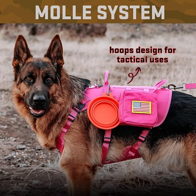 Forestpaw Pink Tactical Dog Harness for Large Dogs,Tactical Dog Collar with Bungee Leash Set,No Pull Military Dog Harness for Walking Training,Adjustable for Medium Large Dogs,Chest 19.5-41.5"