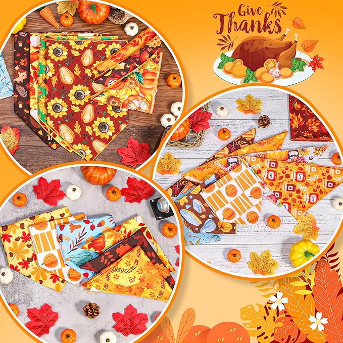 60 Pcs Fall Thanksgiving Dog Bandanas Bulk Adjustable Dog Scarves Pumpkin Turkey Puppy Bandanas Autumn Pet Neckerchief Washable Holiday Bandana for Small Medium Large Dog Pet Grooming Accessories