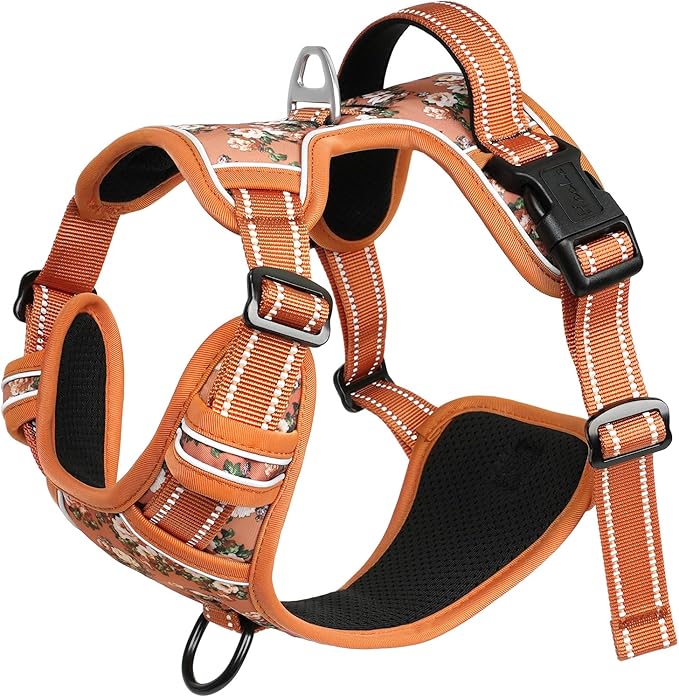 HEELE Dog Harness, No Pull Adjustable Padded Reflective Harness for Small Medium Large Dogs with Handle for Walking Training, Flower-Orange,XS