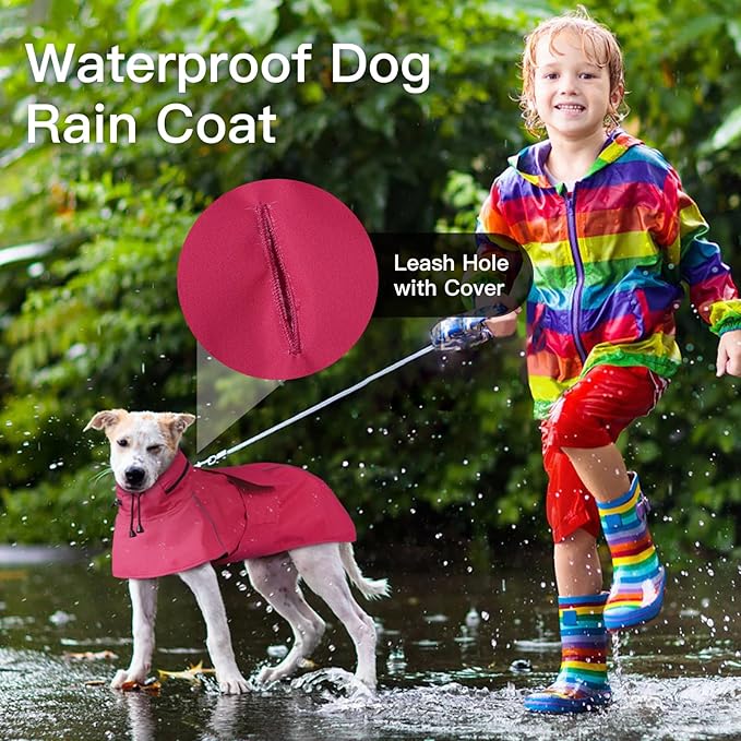 Dog Raincoat, Waterproof Dog Rain Jacket with Convertible Hood/Collar, Adjustable Belly-Protect Rain Coat for Meidum Dogs Poncho Reflective (Neon Pink, M)