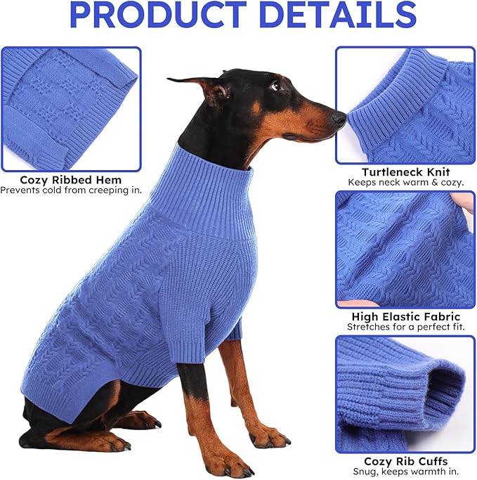 ASENKU XXXL Dog Sweaters for Large Dog Girls Boys, Pullover Turtleneck Knitted Big DoggieSweatershirt for Female Male, Doberman Great Dane Sweater for Extra-Large Breed Dogs, Blue 3XL