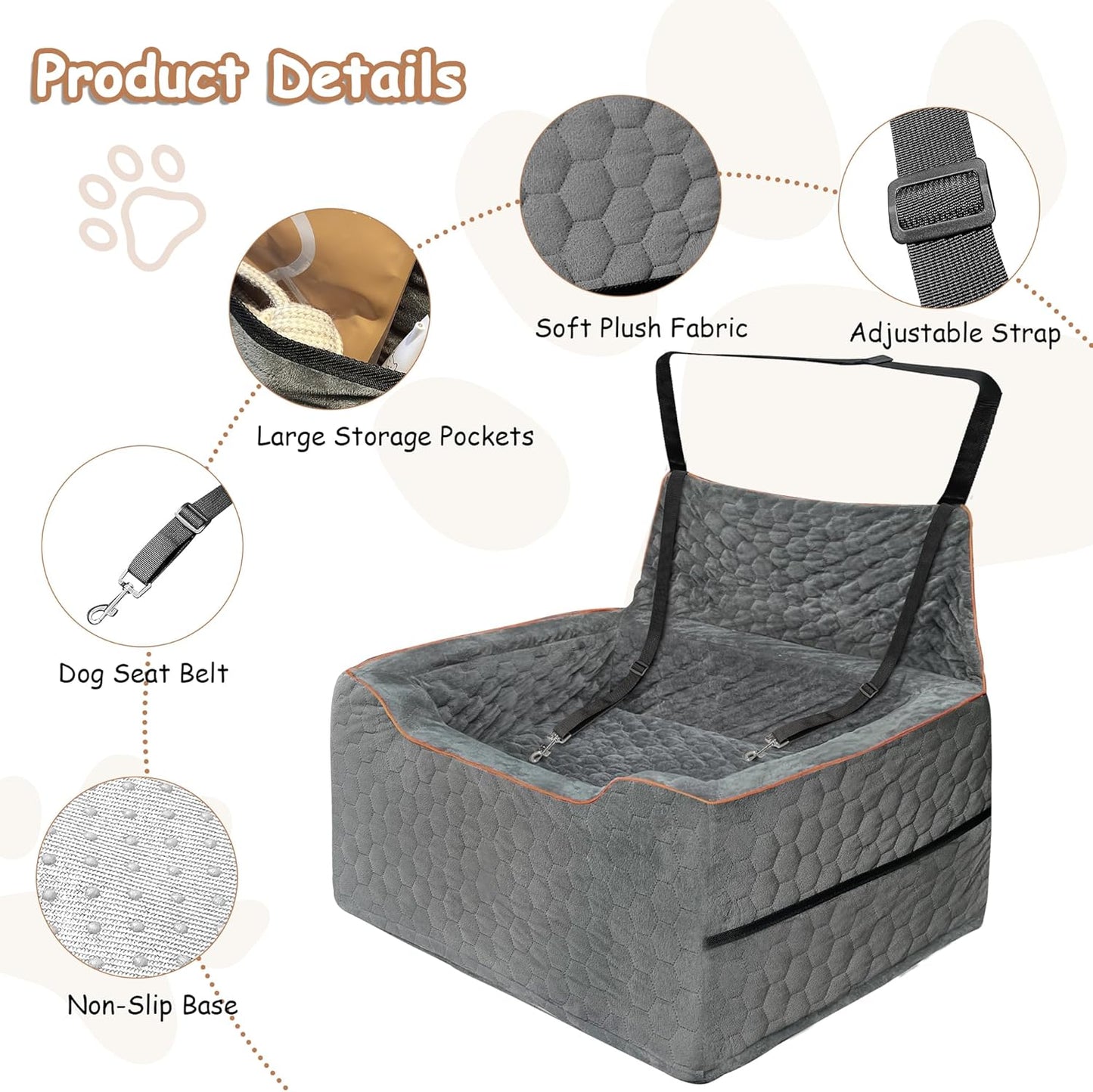 Dog Booster Seat for Larger & Medium Dogs – Comfortable Dog Car Bed with Washable Cover and Storage Pockets for Pets Up to 60lbs (Gray)