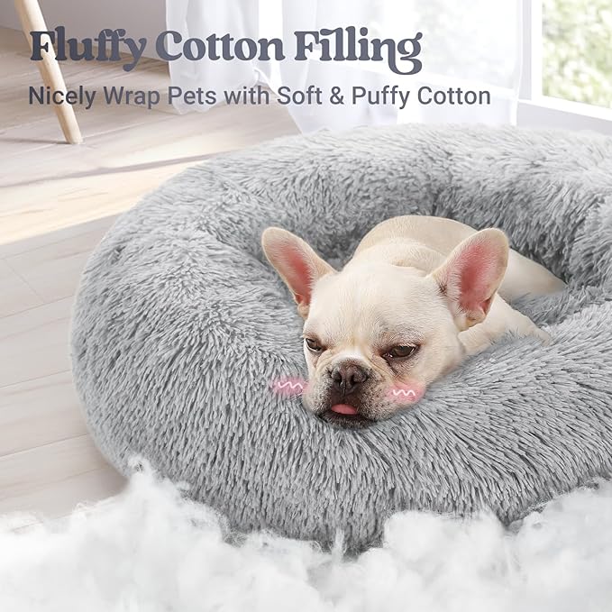 rabbitgoo Calming Dog Bed for Small Medium, 27 inches Pet Bed Machine Washable, Non-Slip Round Fluffy Plush Faux Fur, Soft Donut Cuddler Cushion for Small Dogs, Light Grey