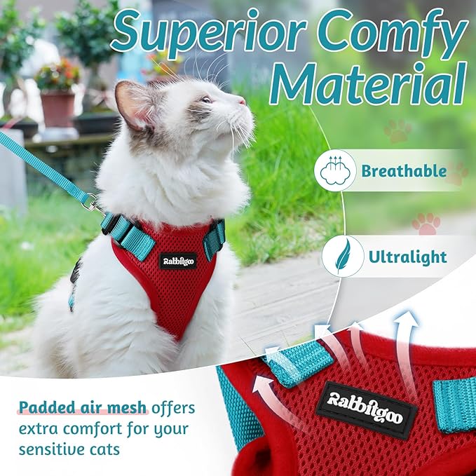 rabbitgoo Cat Harness and Leash for Walking, Escape Proof Soft Adjustable Vest Harnesses for Cats, Easy Control Breathable Reflective Strips Jacket, Red & Teal, XXS