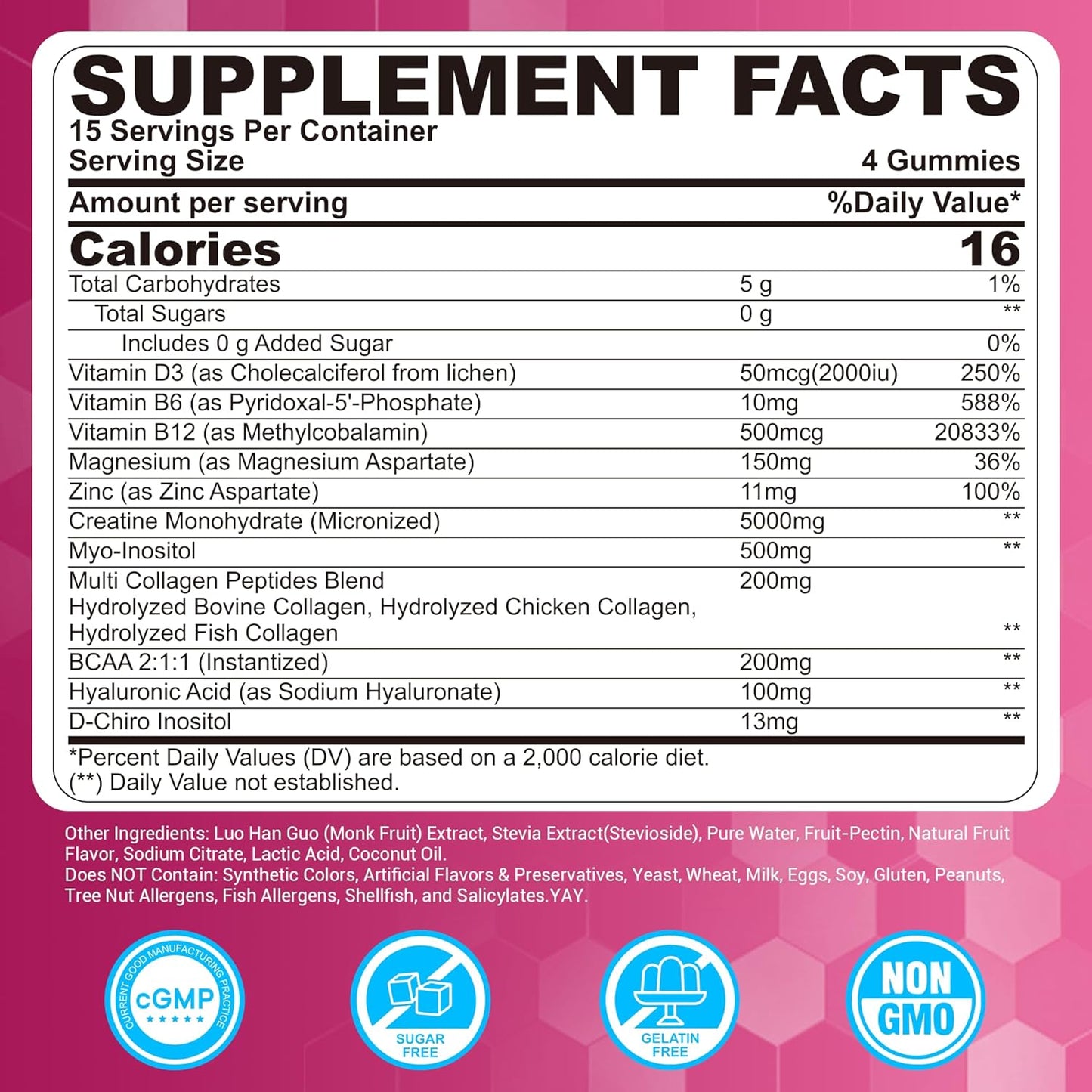 Creatine for Women Gummies, Micronized Creatine Monohydrate + Myo-Inositol, Collagen Peptides, BCAAs, Hyaluronic Acid, Vitamin B6 B12, Zinc for Enërgy, Föcus, Hörmonal Balance, Sugar Free, 120 Counts