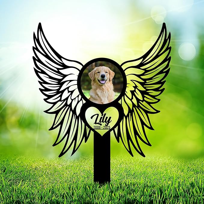 Personalized Dog Memorial Angel Wings Garden Stake with Photo, Custom Picture UV Printed Metal Grave Marker, Image in Loving Memory Outdoor Pet Loss Sympathy Gifts for Dogs Lover