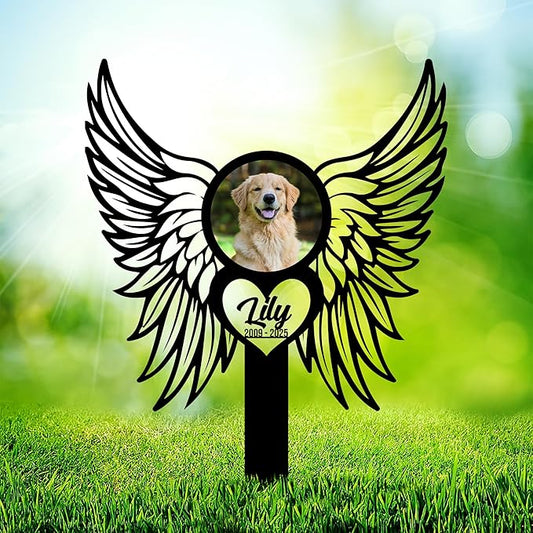 Personalized Dog Memorial Angel Wings Garden Stake with Photo, Custom Picture UV Printed Metal Grave Marker, Image in Loving Memory Outdoor Pet Loss Sympathy Gifts for Dogs Lover