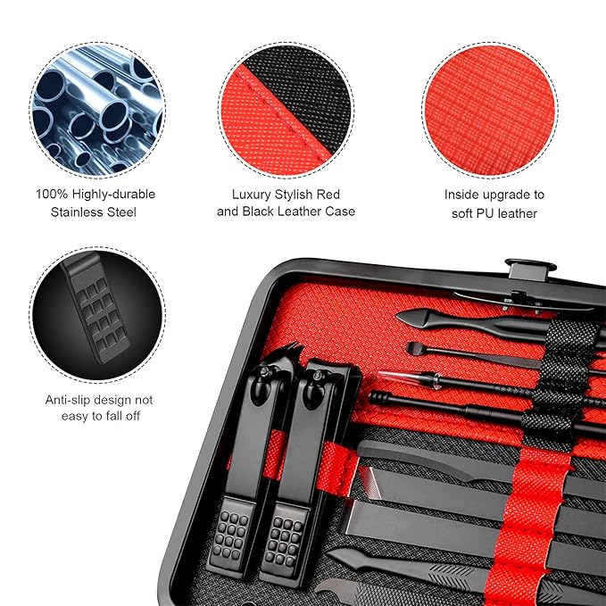 Manicure Set Professional Nail Clippers Kit Pedicure Care Tools- Stainless Steel Women Grooming Kit 18Pcs for Travel or Home (Red)