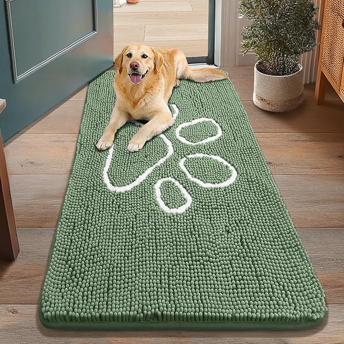 Smiry Dog Door Mat for Muddy Paws, Absorbent Dirt Trapper Non Slip Quick Dry Washable Chenille Mat for Mud Dogs, Entry Rug for Indoor and Outdoor (48x30 Inches, Olive Green and White)