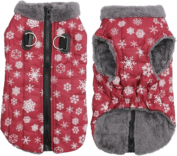 Warm Fleece Dog Coats with Durable Harness Buitl in D-Ring,Waterproof Doggie Jacket for Large Dogs,Dog Vest for Cold Winter,Red,Snow Pattern XXL