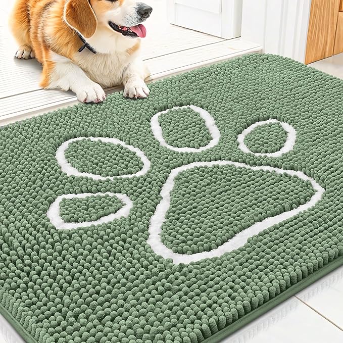 Smiry Dog Door Mat for Muddy Paws, Absorbent Dirt Trapper Non Slip Quick Dry Washable Chenille Mat for Mud Dogs, Entry Rug for Indoor and Outdoor (30x20 Inches, Olive Green and White)