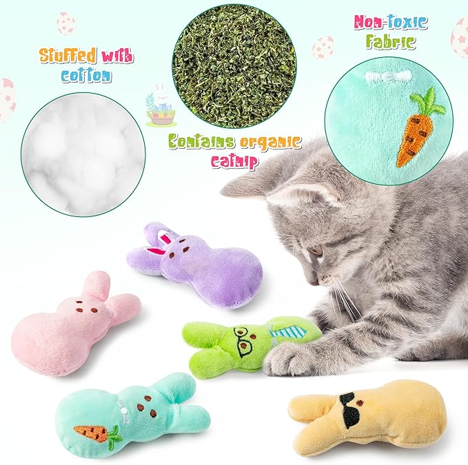 MALLMALL6 5Pcs Easter Bunny Catnip Toys Gift for Cat Lover, Colorful Rabbit with Carrot Pattern Catmint Interactive Toy for Indoor Cats, Soft Pet Presents Supplies, Kitten Teething Chew Kick Set