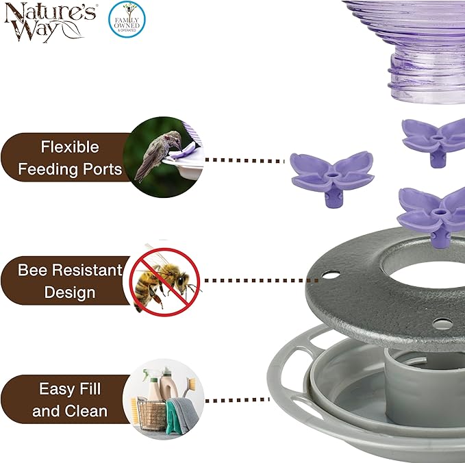 Nature's Way Hanging Glass Hummingbird Feeder for Outdoor Decor, 29 Ounce Capacity Nectar Feeder, 4 Easy to Clean Flexible Ports, Purple Lilac