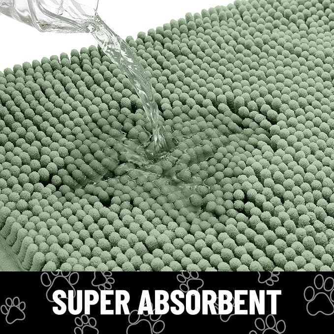 Smiry Dog Door Mat for Muddy Paws, Absorbent Dirt Trapper Non Slip Quick Dry Washable Chenille Mat for Mud Dogs, Entry Rug for Indoor and Outdoor (30x20 Inches, Olive Green and Black)