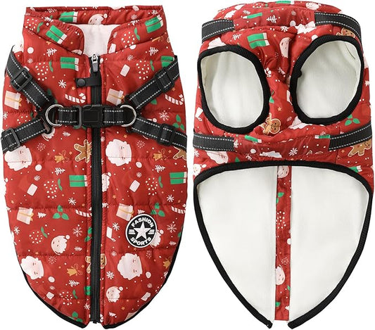 Aiboria Dog Jacket Windproof Fleece Dog Sweater with Padded Vest Chest Strap Harness Dogs Coat Christmas Red XL