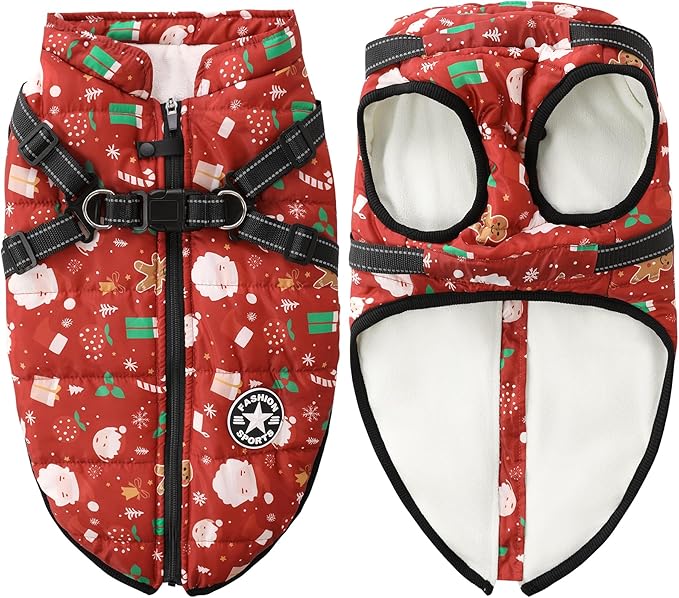 Aiboria Dog Jacket Windproof Fleece Dog Sweater with Padded Vest Chest Strap Harness Dogs Coat Christmas Red 3XL
