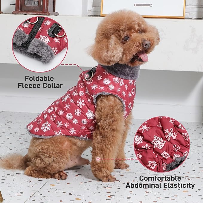 Warm Fleece Dog Coats with Durable Harness Buitl in D-Ring,Waterproof Doggie Jacket for Large Dogs,Dog Vest for Cold Winter,Red,Snow Pattern XXL