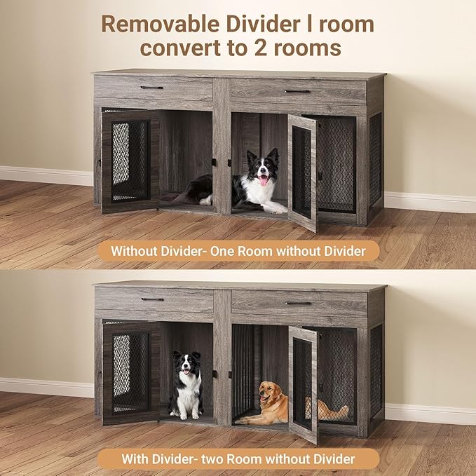 71 Inch Dog Crate Furniture for 2 Dogs，XXL Thick Wooden Double Kennel TV Stand w/Removable Divider - Heavy Duty Indoor Cage for Large Breeds (Gray, 71L* 23.6W* 33.5" H)