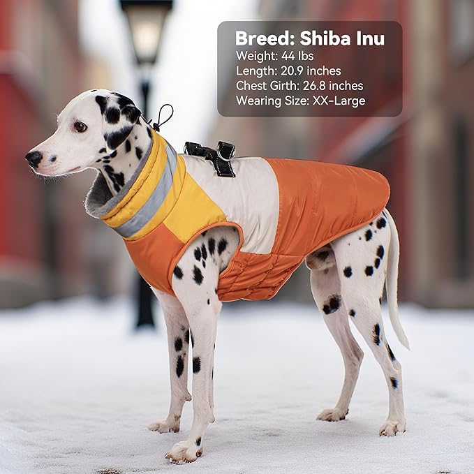 Dog Coat, Waterproof Dog Winter Jacket with Harness Built in, Turtleneck Warm Doggie Cold Weather Coats, Reflective Pet Vest for Indoor & Outdoor, Windproof Dogs Snowsuit, Orange Large