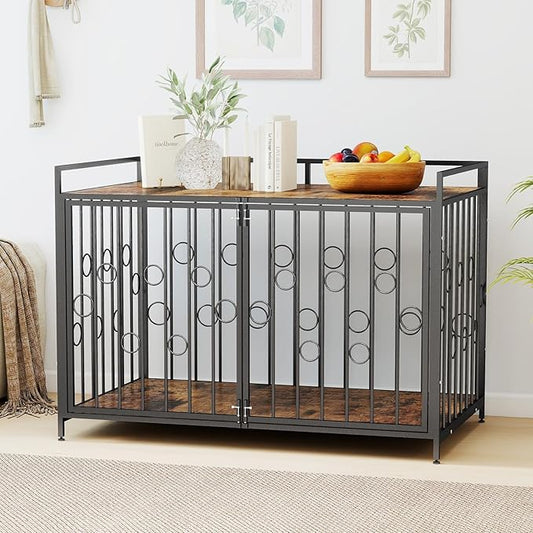 Furniture Style Dog Crate with Table Top, 48 Inch Heavy Duty Chew Proof Kennel for Large Dogs, Waterproof Wooden Finish Indoor Metal Pet Home