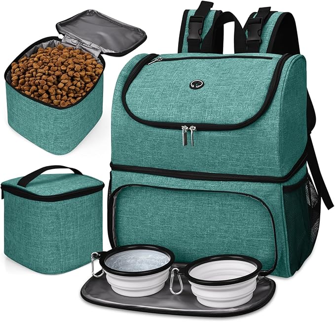 BAGLHER Pet Travel Bag, Double-Layer Pet Supplies Backpack (for All Pet Travel Supplies), Pet Travel Backpack with 2 Silicone Collapsible Bowls and 2 Food Baskets Green