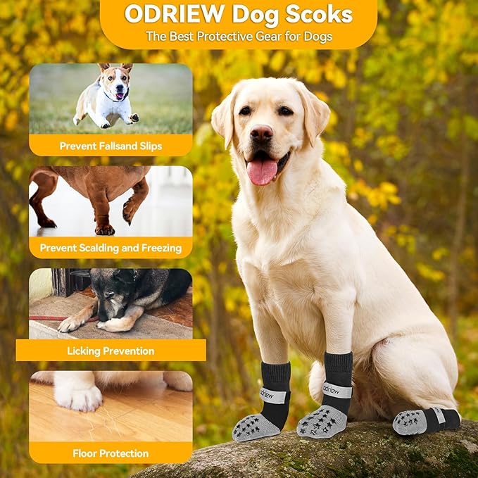 Non Slip Dog Socks to Prevent Licking Paws - Dog Booties for Hardwood Floors Anti Slip - Grippy Socks for Senior Dog - Double Side Paw Protector Prevent Scratching for Hot Pavement. (Grey, M)