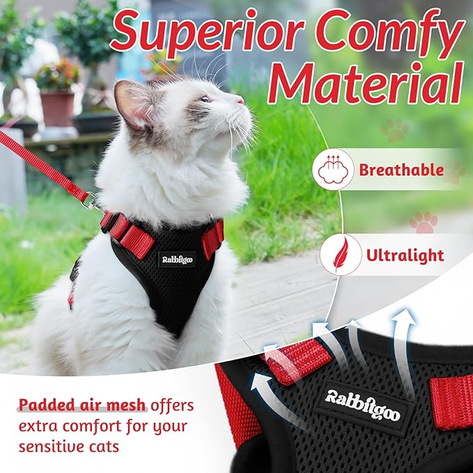 rabbitgoo Cat Harness and Leash for Walking, Escape Proof Soft Adjustable Vest Harnesses for Cats, Easy Control Breathable Reflective Strips Jacket, Black & Red, XS