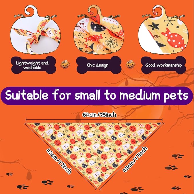 Kigeli 100 Pack Halloween Dog Bandanas Adjustable Triangle Bibs Scarf Ghost Halloween Pumpkin Spider Web Pet Bandanas Costumes Holiday Accessories for Large Medium Small Dog Puppy Cat(Small)