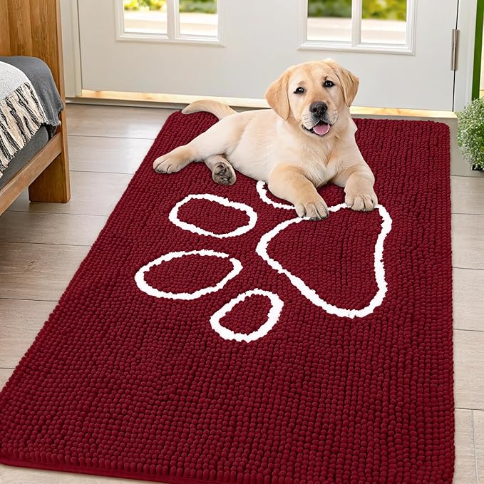 Smiry Dog Door Mat for Muddy Paws, Absorbent Dirt Trapper Non Slip Quick Dry Washable Chenille Mat for Mud Dogs, Entry Rug for Indoor and Outdoor (47x32 Inches, Burgundy)