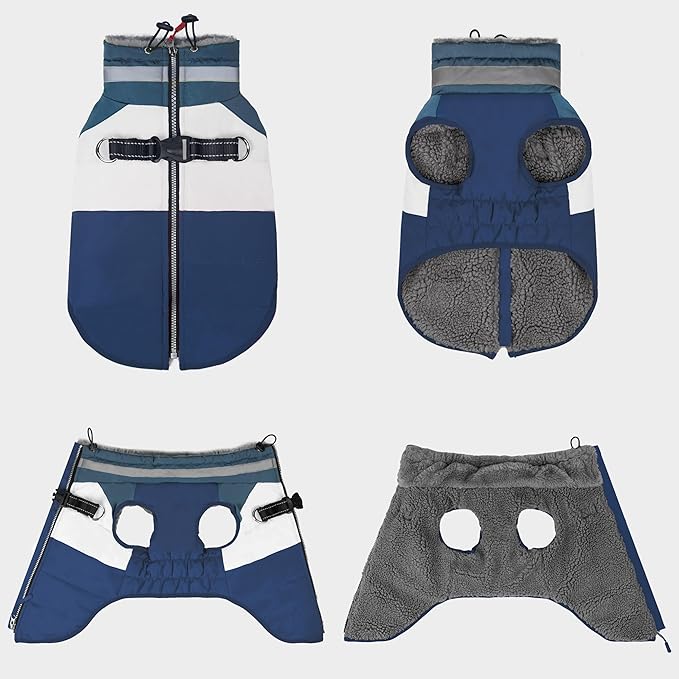 azuza Dog Jacket Waterproof Winter Coat for Small Dogs, Warm Fleece Vest with Reflective Strips & Built-in Harness, Windproof Back Zipper, Navy S