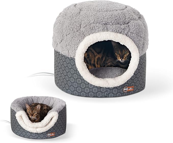 K&H Pet Products Heated Cat Bed for Large Cats Indoor, Thermo-Pet Nest 2-in-1 Heated Pet Cave Tent & Cuddler Warming Bed, Waterproof Heater, Machine Washable, Safety Listed - Small 18 X 15in Gray