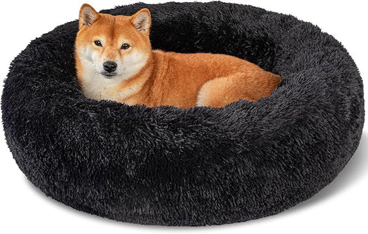 Dog Bed Calming Beds for Small Medium Large Dogs - Round Donut Washable Puppy Dog Bed, Anti-Slip Faux Fur Fluffy Donut Cuddle Anxiety Cat Pet Bed(32'' Black)