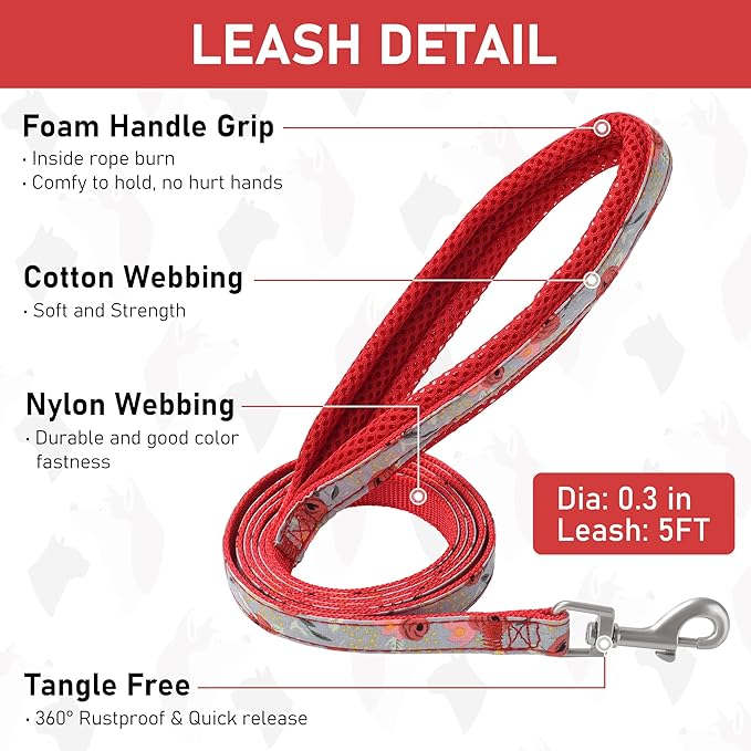 GAMUDA Small Dog Harness Collar and Leash Set, Step in No Chock No Pull Soft Mesh Adjustable Dog Vest Harnesses Plaid Reflective for Dogs Puppy Cats Kitten Rabbit (Red Flower, L)