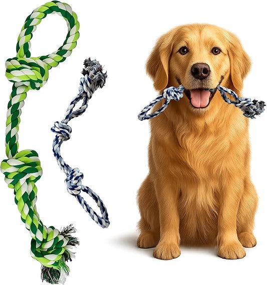 Dog Rope Toys, Heavy Duty Chew Toy for Large Dogs, 2-Pack Durable Tug of War Toys, 100% Cotton, Safe & Washable, Great for Teeth Cleaning, (Blue/White and Green/White/Green)