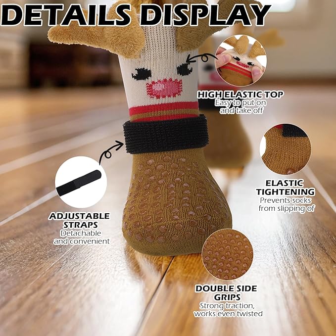 EXPAWLORER Christmas Anti Slip Dog Socks to Prevent Licking Paws, Boots & Paw Protectors with Grippers,Doggie Booties for Hardwood Floors for Small Medium Large Senior Dogs Lifelike Costume Reindeer M