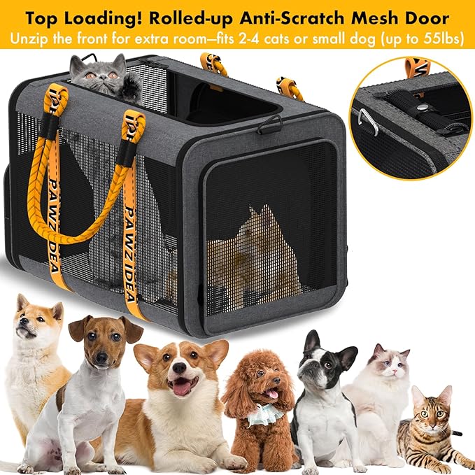 PAWZIDEA Expandable Large Pet Carrier with Wheels, 24x16x16 in Rolling Cat Carrier for 2–4 Cats up 55lb, Soft-Sided Collapsible Small Medium Dog Crate for Car Travel, Telescopic Handle, Storage Pocket