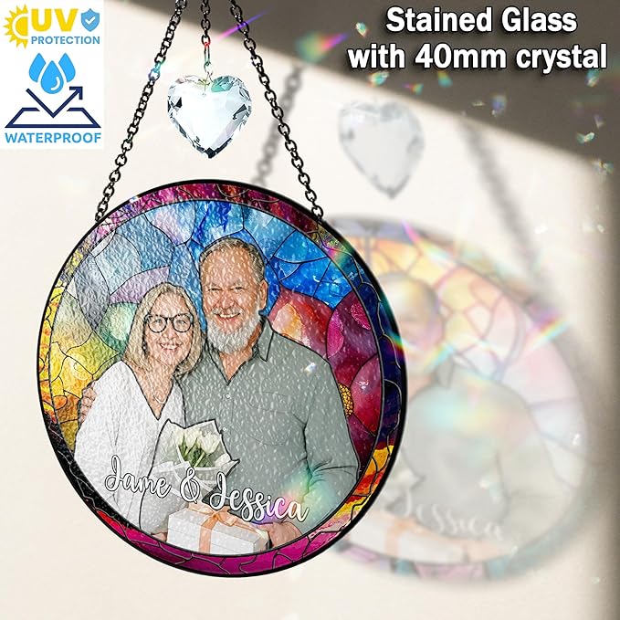 Personalized Grandma Stained Glass Suncatcher, Photo Family Faux Stained Glass Window Hanging Ornament, Custom Grandparent Day 2025 Gifts for Grandma, Birthday Gift for Dad, Grandpa