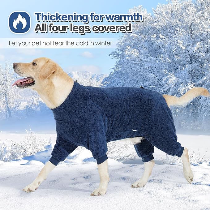 Winter Coat - Warm Fleece Dog Jacket, Windproof Pullover Jumpsuit, Full Body Pajamas Onesie, Cold Weather Clothes for Medium Large Dogs (3Xlarge, Navy Blue)