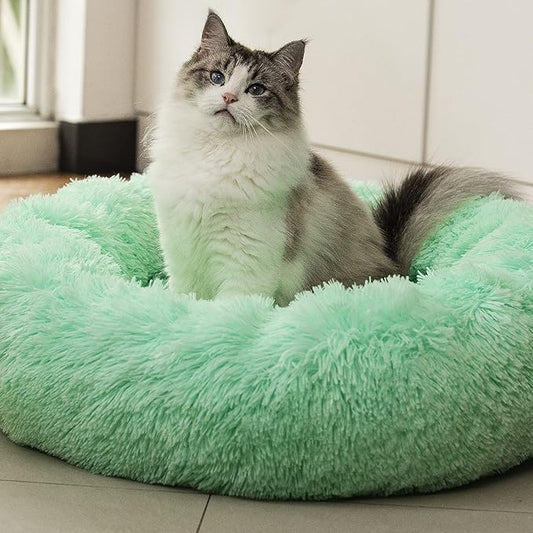 Anti Anxiety Round Fluffy Plush Faux Fur Warm Washable Dog Bed & Cat Bed, Original Bed for Small Medium Large Pets,Used to Relieve Joints and Improve Sleep（20"/24"/27''） (24", Light Green)