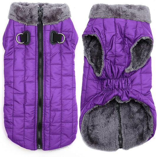 Warm Fleece Dog Coats with Durable Harness Buitl in D-Ring,Waterproof Doggie Jacket for Medium Dogs,Dog Vest for Cold Winter,Purple L