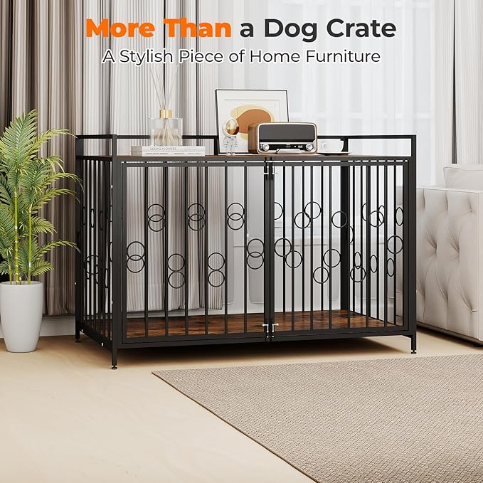 Heavy Duty 42 Inch Dog Crate with Table Top, Chew Proof Waterproof Furniture Style Kennel for Large Dogs, Indoor Wooden Finish Metal Cage Pet Home